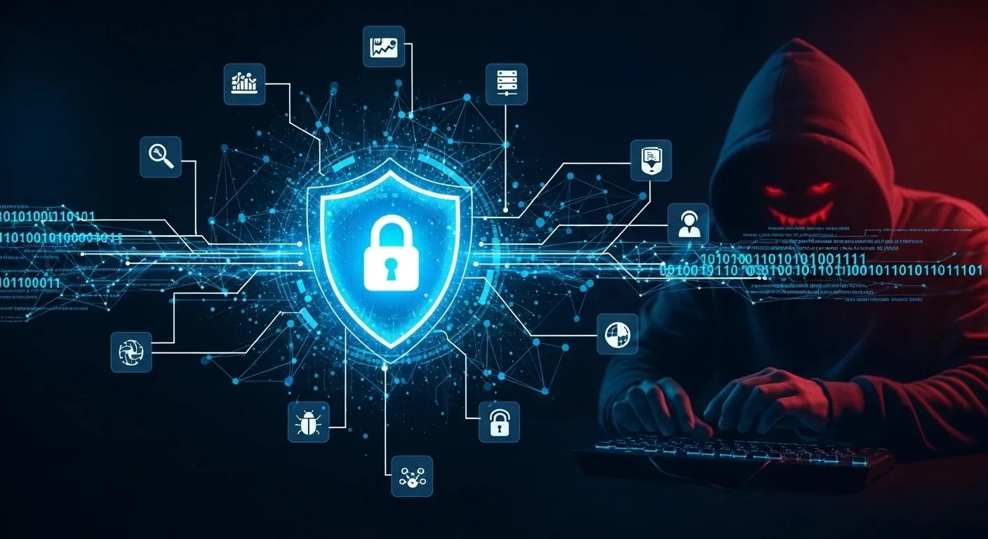 Hooded hacker with digital shield representing cybersecurity threat