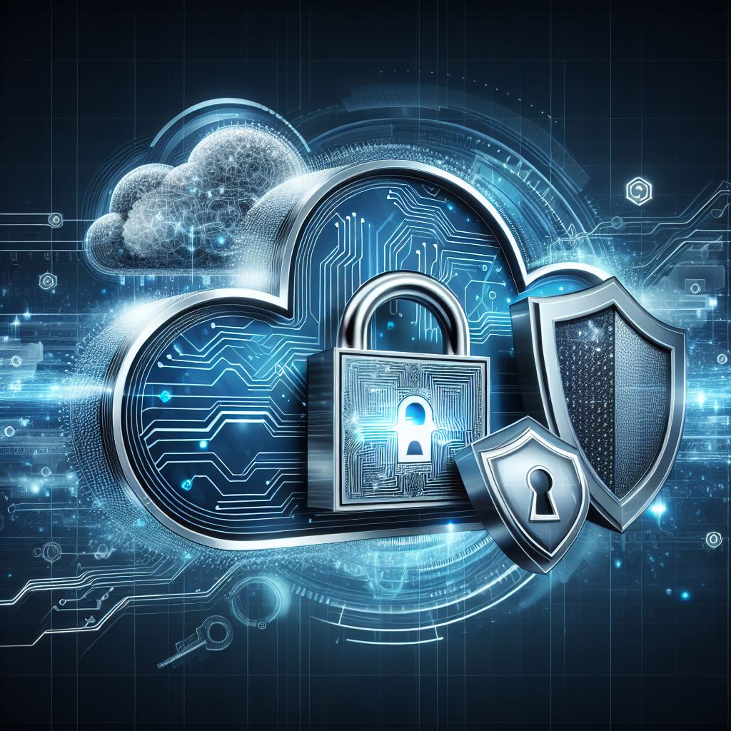 A visual representation of a secure cloud with a lock shield and digital elements, emphasizing cloud security.