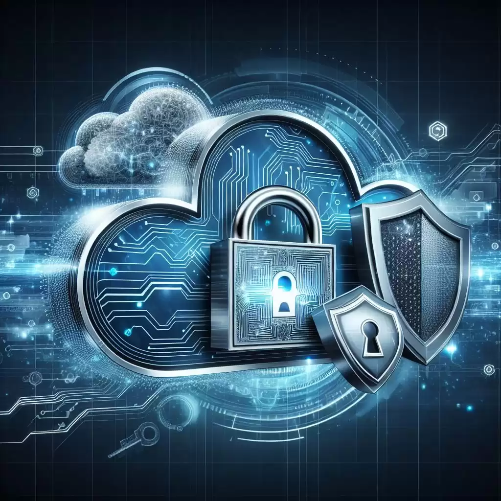 A visual representation of a secure cloud with a lock shield and digital elements, emphasizing cloud security.