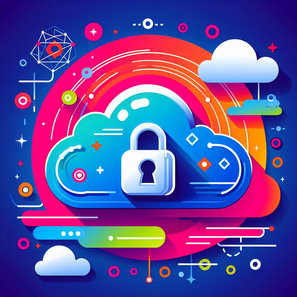 An image of cloud security with digital elements and a shield, highlighting the importance of safeguarding business data in the cloud.