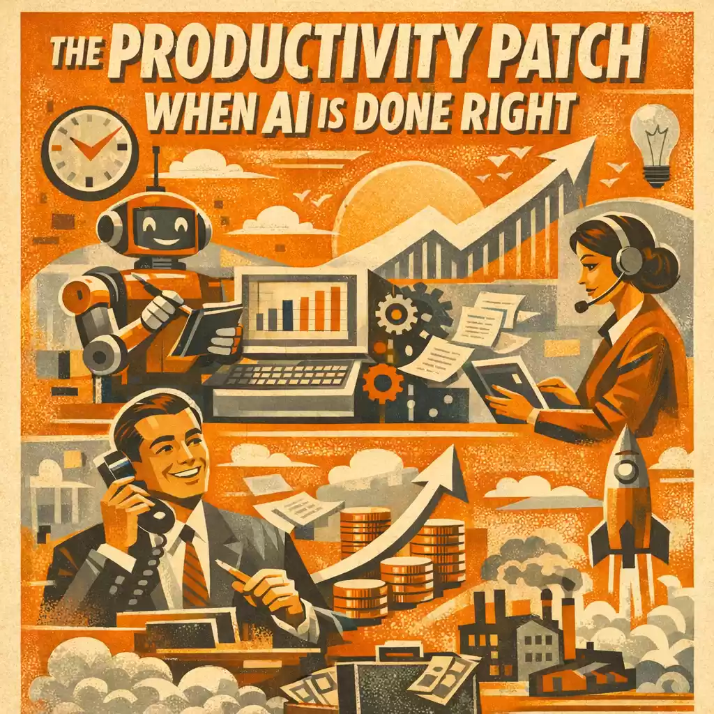 AI productivity graphic with charts, business elements, and a rocket.